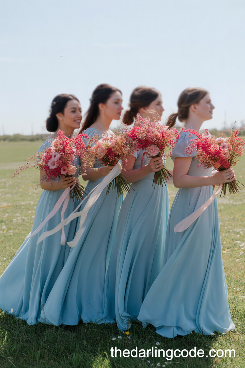 Bridesmaids In Blue Dresses With Pink Bouquets