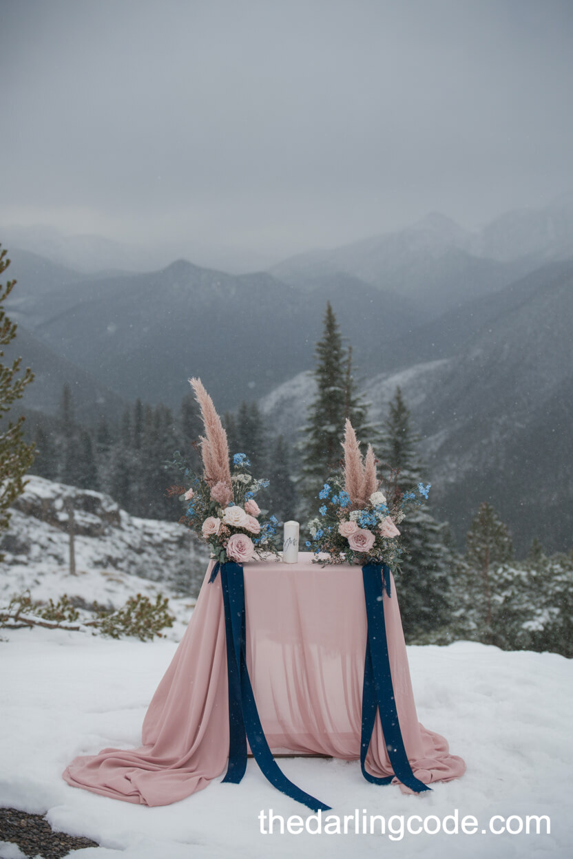 Pink And Blue Winter Elopement Ceremony Setting