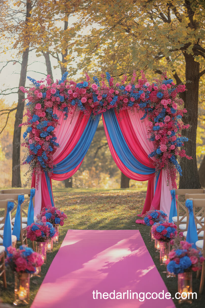 Autumn Ceremony With Vibrant Pink And Deep Blue Decor