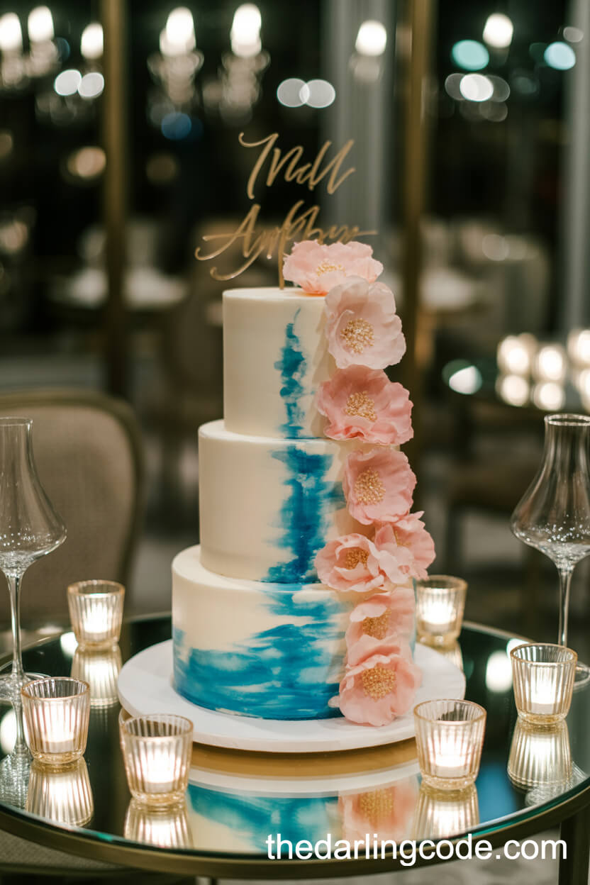 Watercolor Blue And Pink Floral Wedding Cake Design