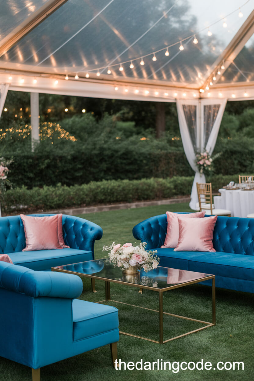 Romantic Lounge Area With Blue Velvet And Pink Satin