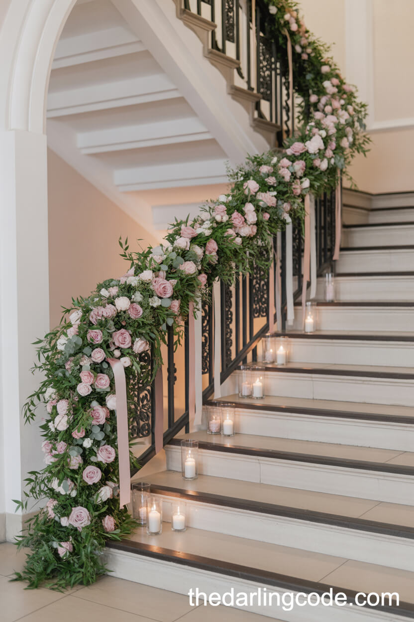 Grand Staircase Decorated With Pink And Green Wedding Florals