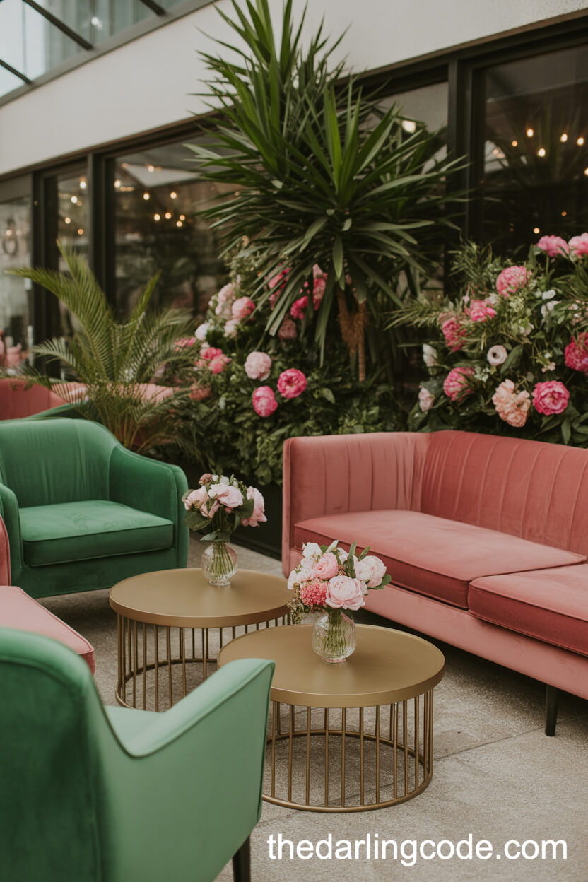 Chic Lounge Area With Velvet Pink And Green Seating