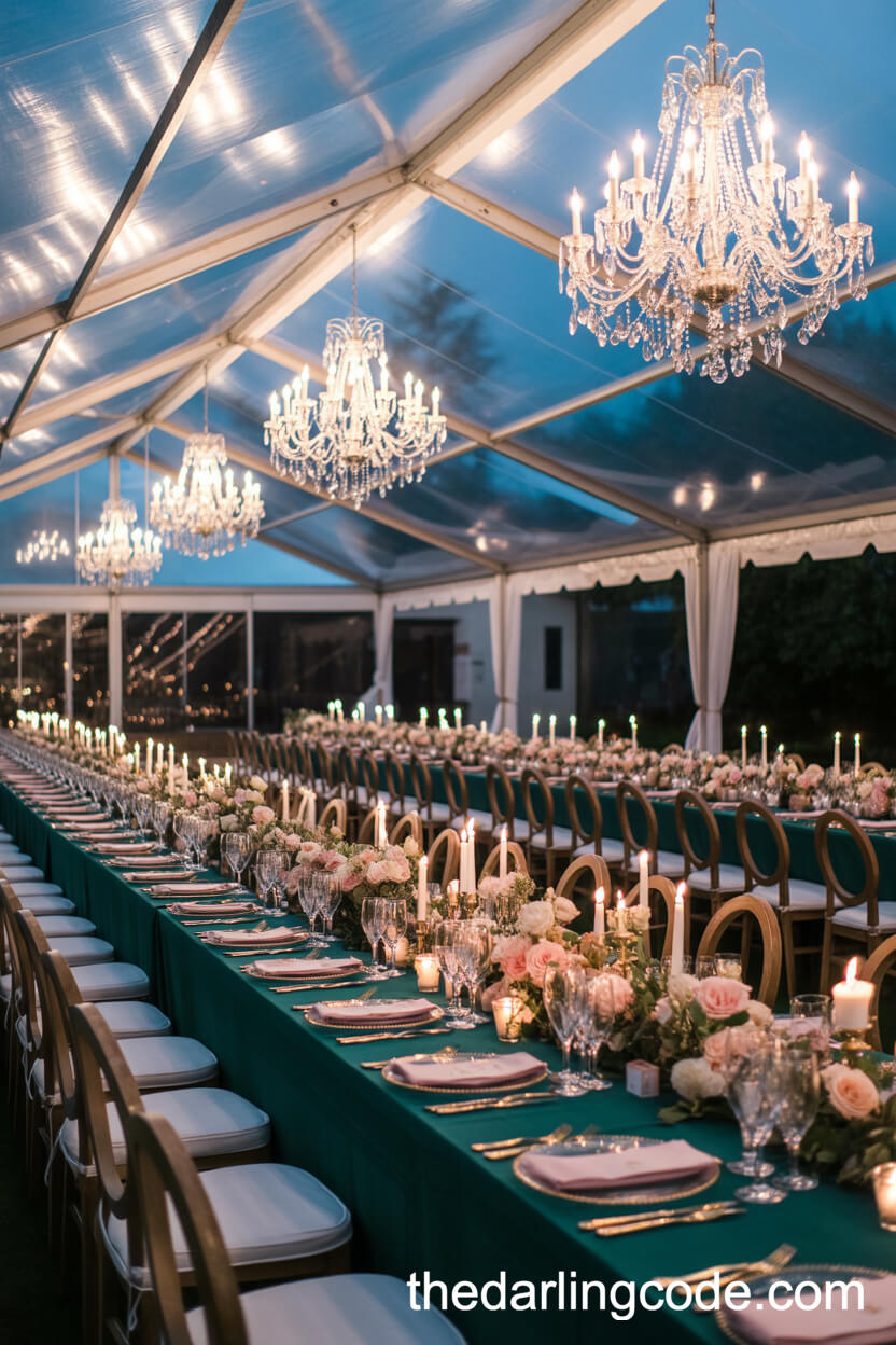 Elegant Reception Under A Transparent Tent With Pink And Green Accents