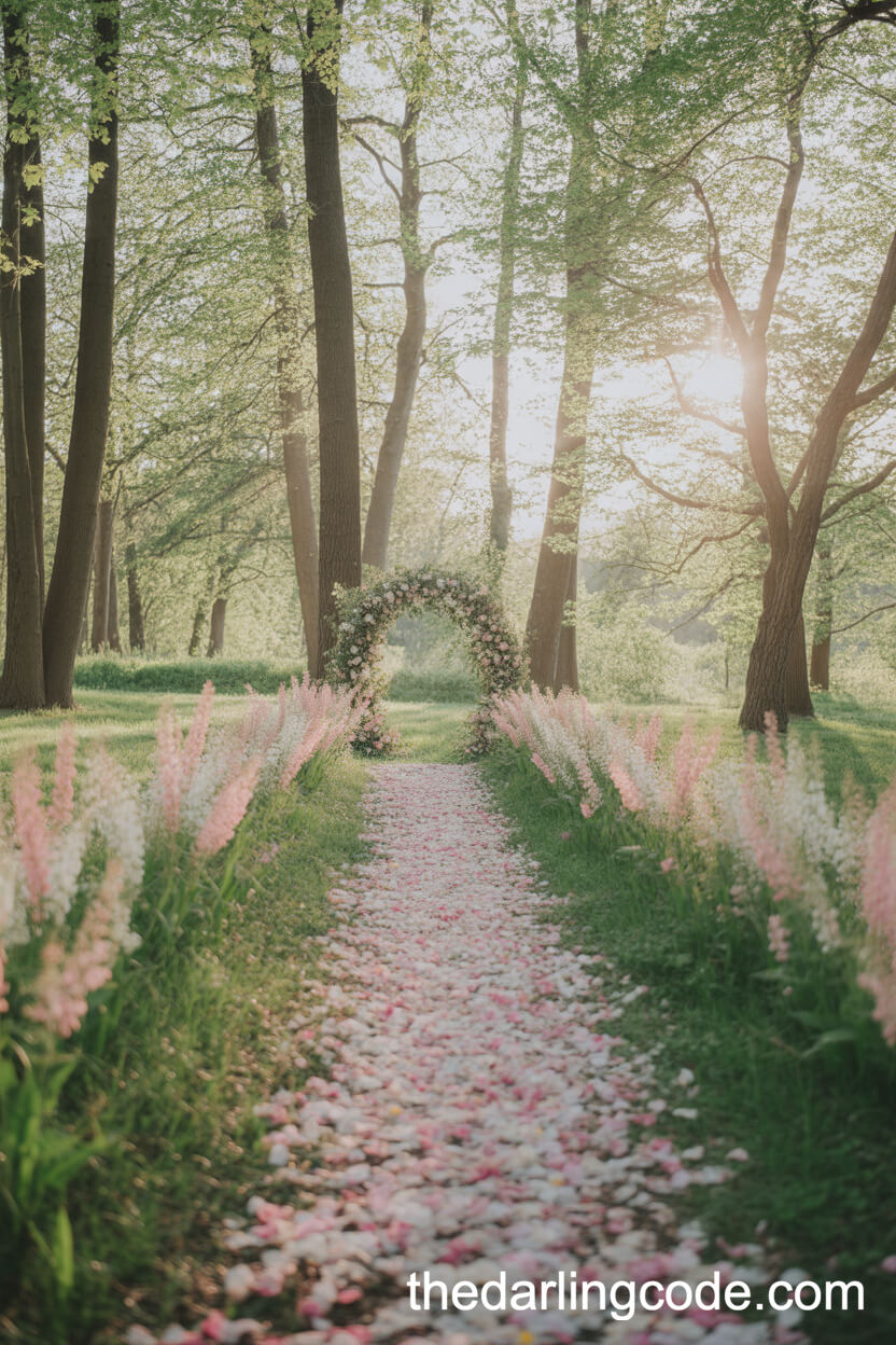 Dreamy Forest Wedding Aisle With Pink Wildflowers
