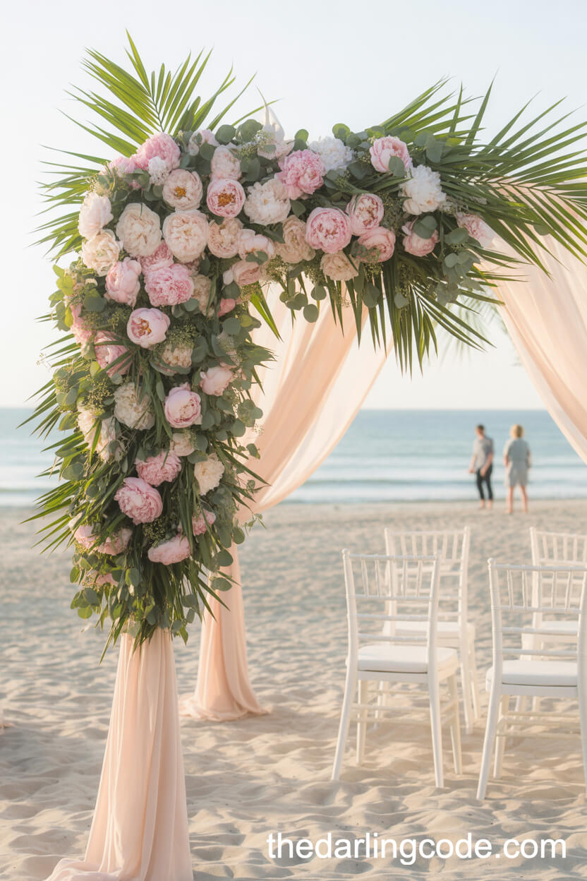 Romantic Beach Wedding With Pink Peonies And Green Palms
