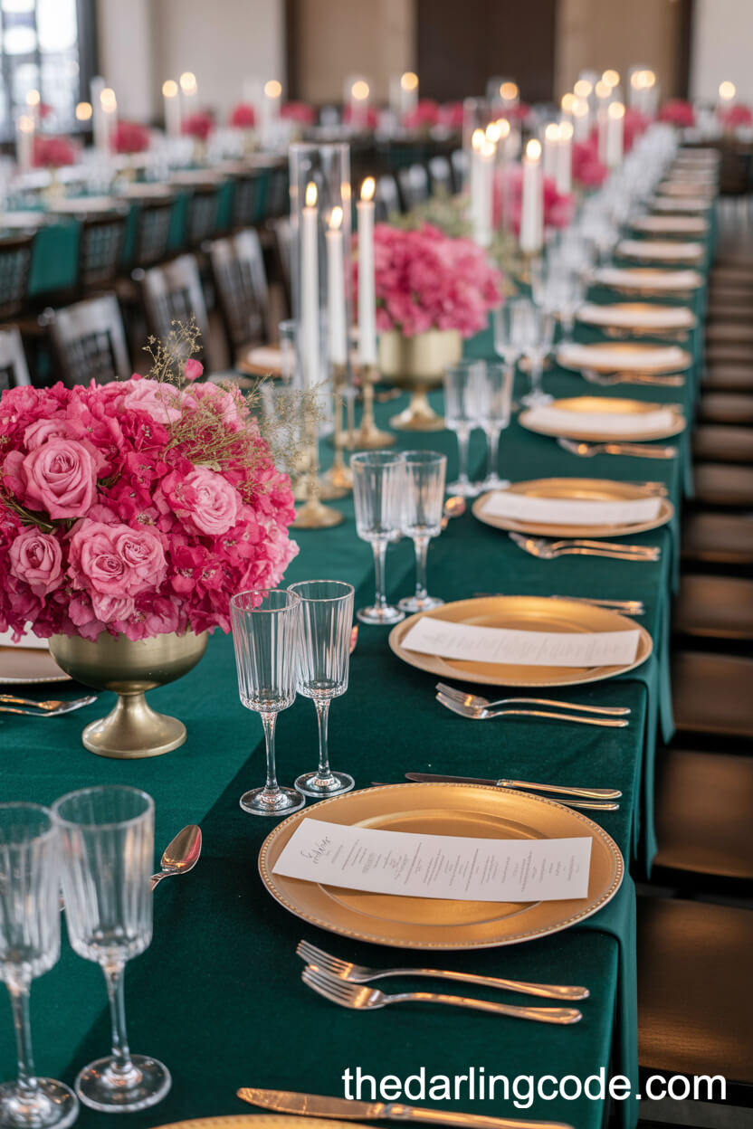 Velvet Green And Pink Floral Banquet Table Setting