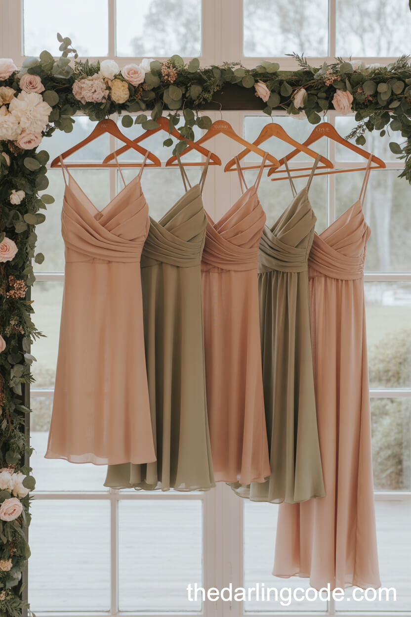 Chic Blush And Sage Bridesmaids Dresses Display