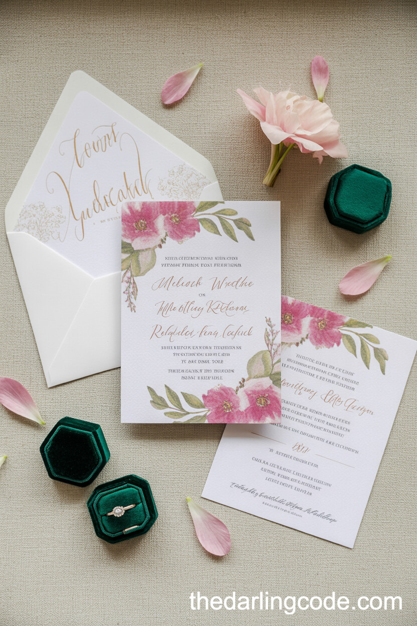 Luxurious Pink And Green Wedding Invitation Suite