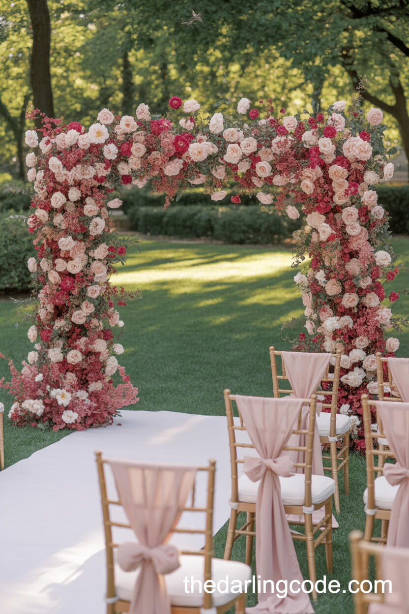 Grand Pink And Red Floral Wedding Arch In Garden