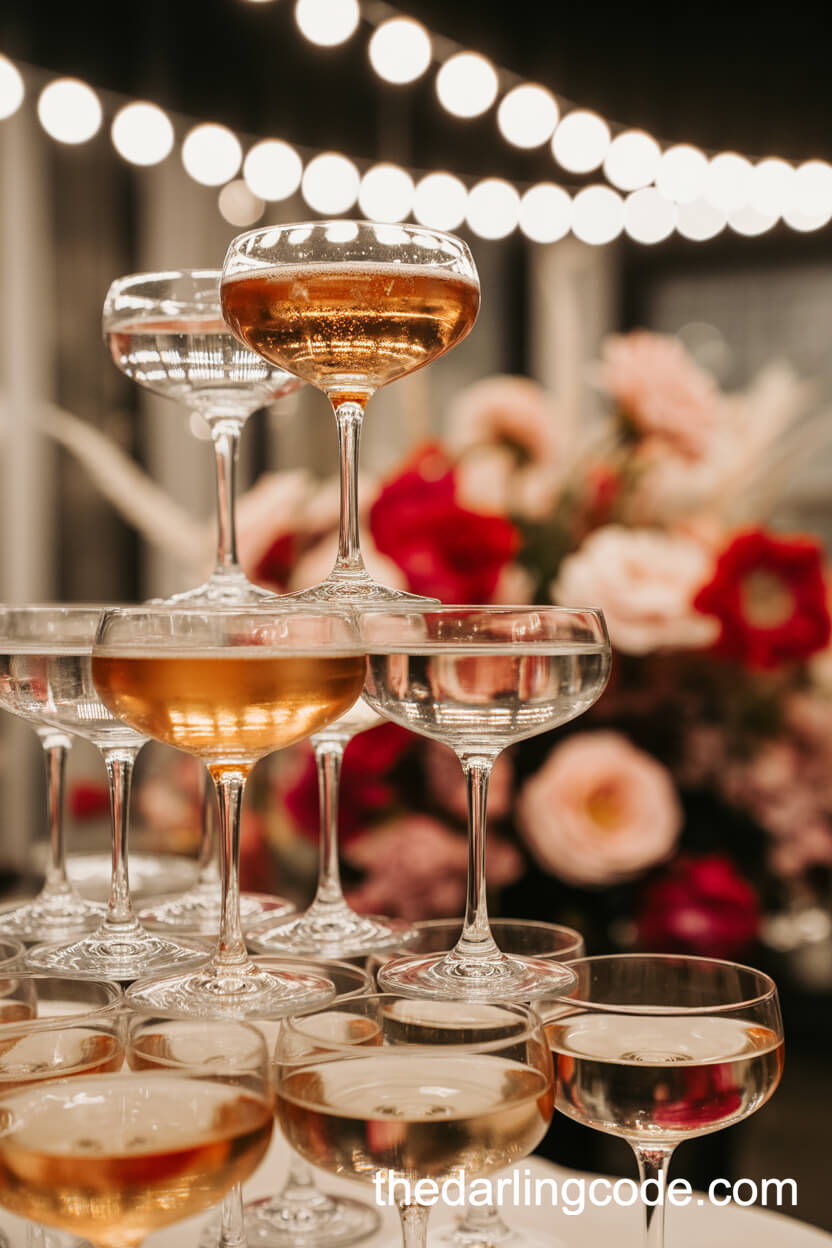 Rosé Champagne Tower With Fairy Lights