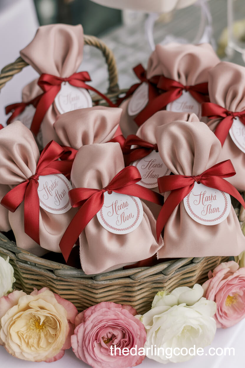 Wrapped Wedding Favors With Metallic Tags