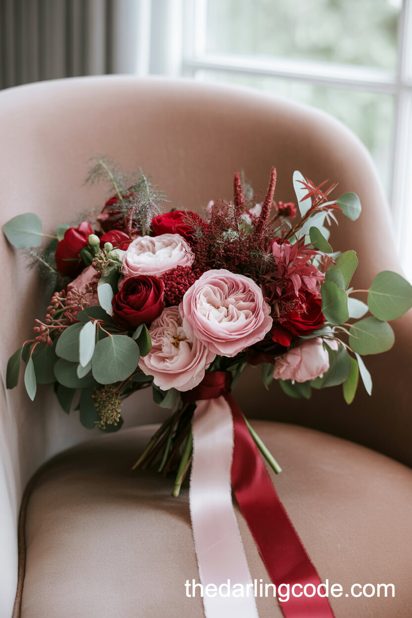 Bridal Bouquet Of Pink And Red Roses On Velvet Chair