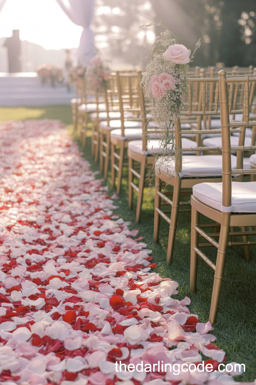 Rose Petal Aisle With Gold Floral Chairs