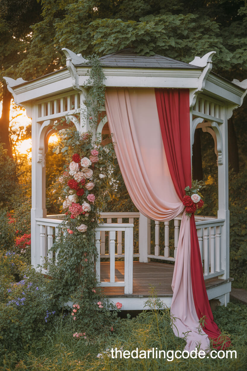 Sunset Wedding Gazebo With Blush And Red Draping