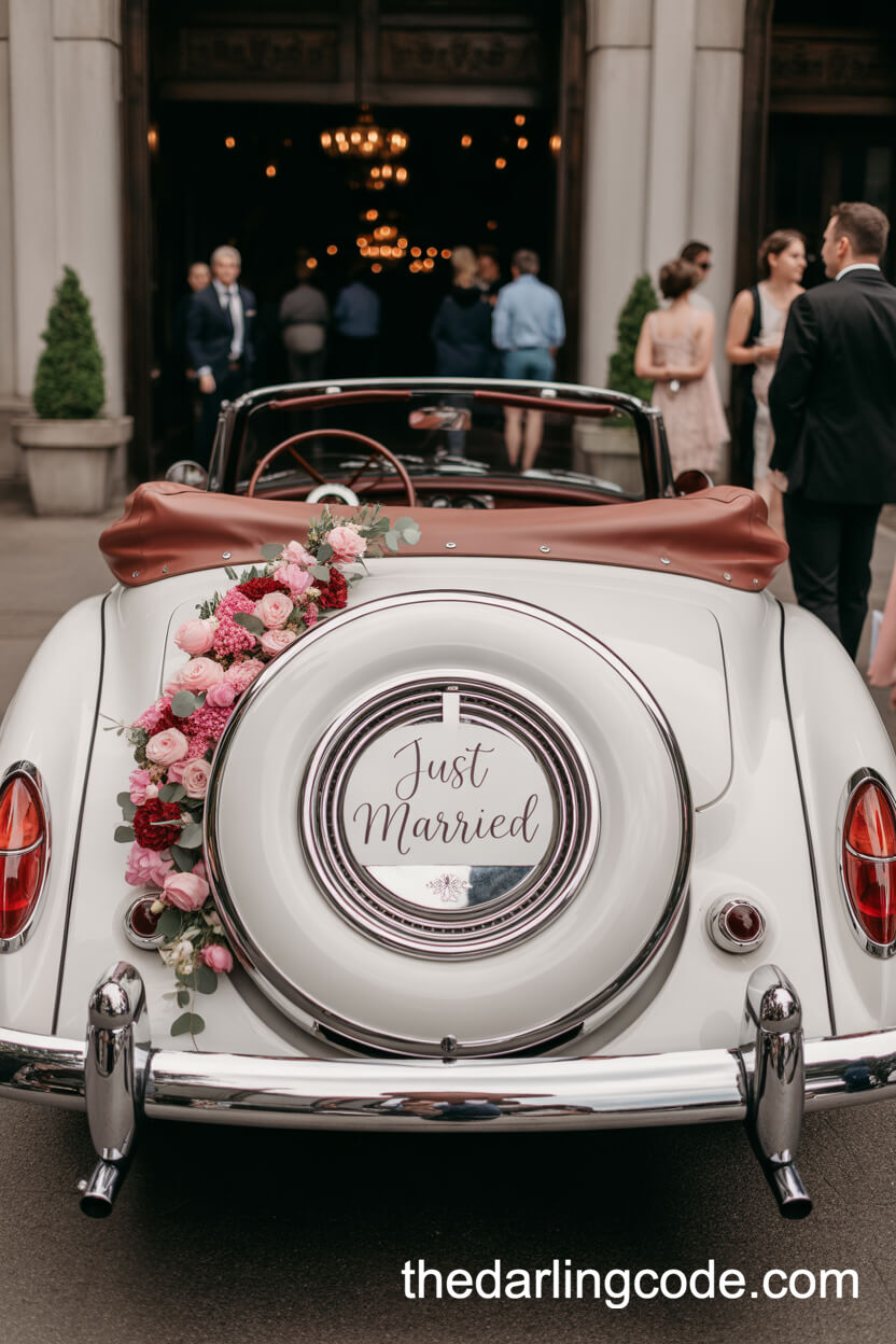 Vintage Car With Pink Floral Just Married Décor