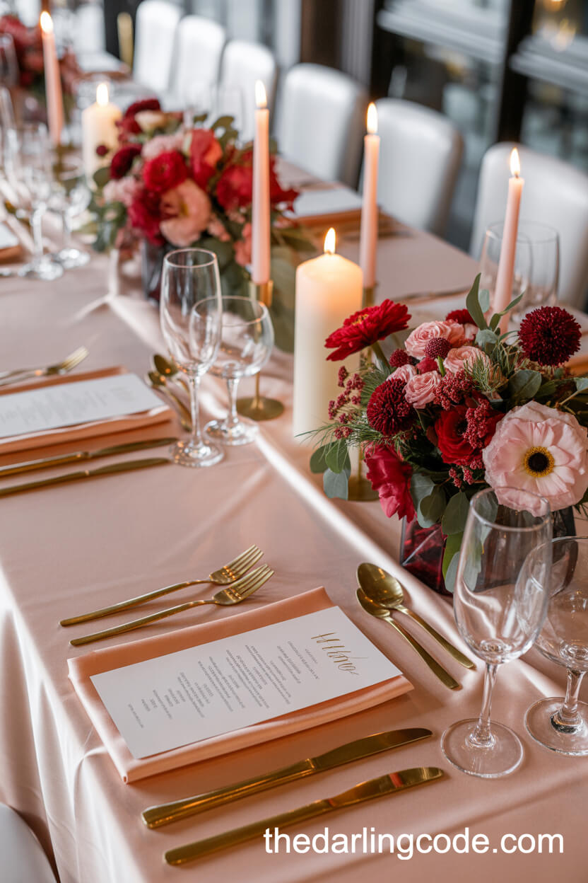 Blush Pink And Red Reception Table With Gold Accents