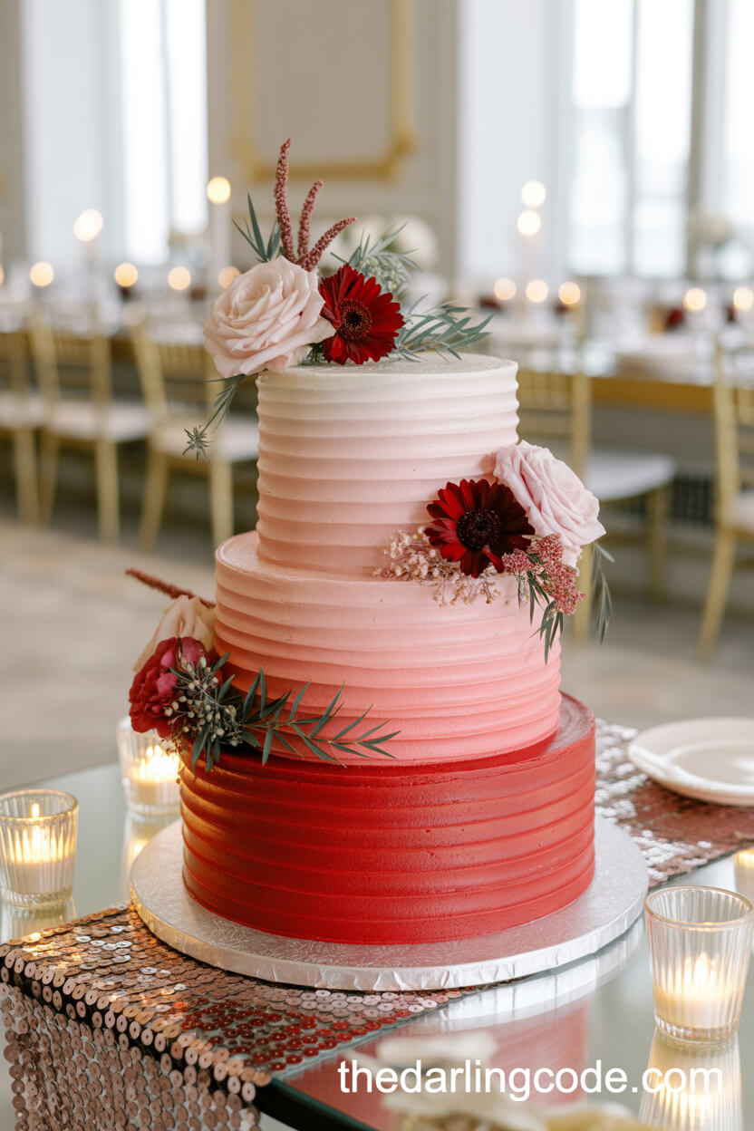 Ombré Pink And Red Fresh Flower Wedding Cake