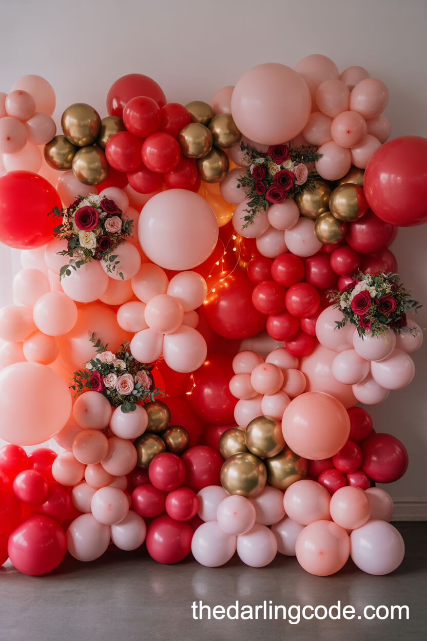 Pink, Red, And Gold Balloon Wall With Florals