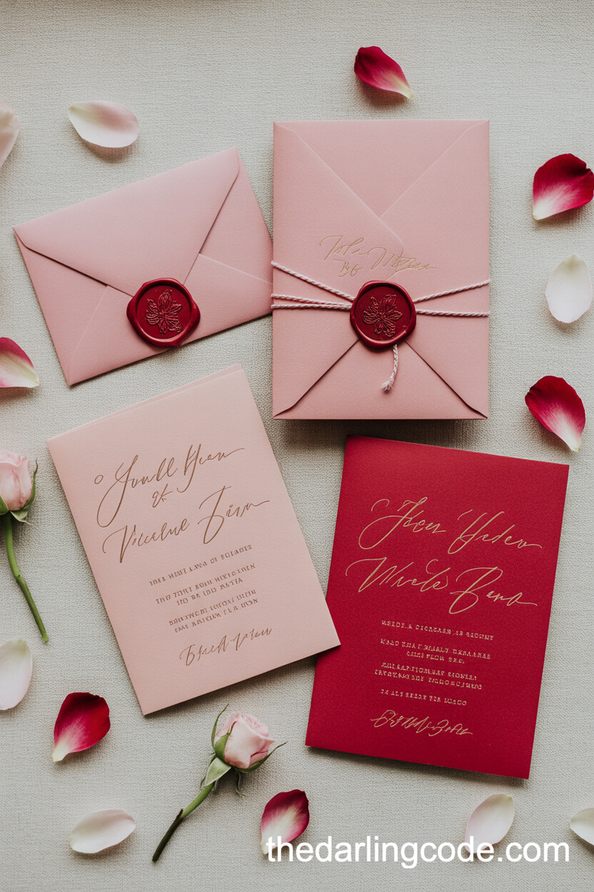 Flatlay Of Pink And Red Wedding Invitations