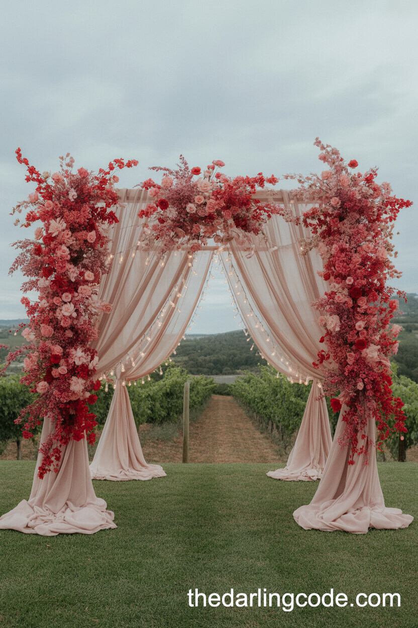 Vineyard Altar With Cascading Pink And Red Florals