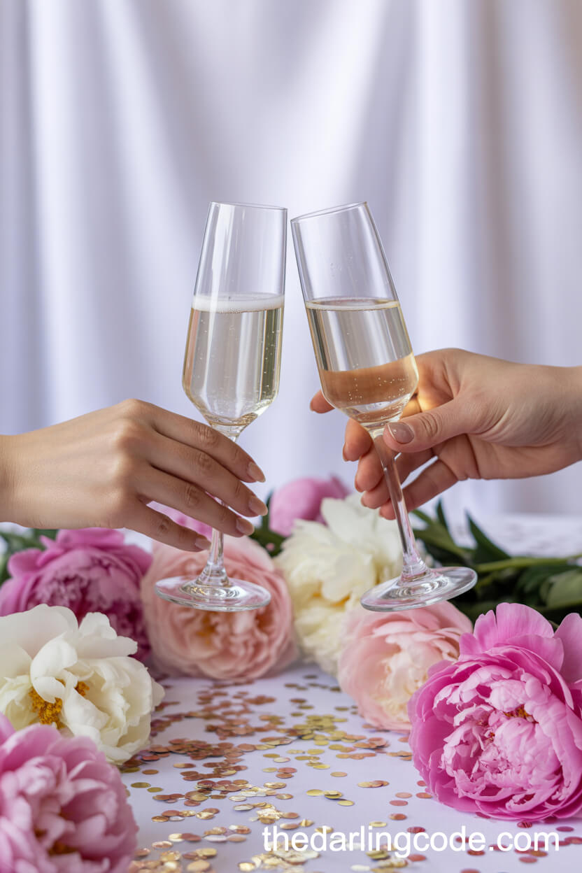 Clinking Champagne Flutes With Pink Peony Decor