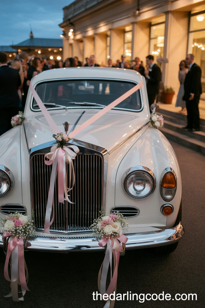 Vintage Wedding Getaway Car With Pink Ribbons