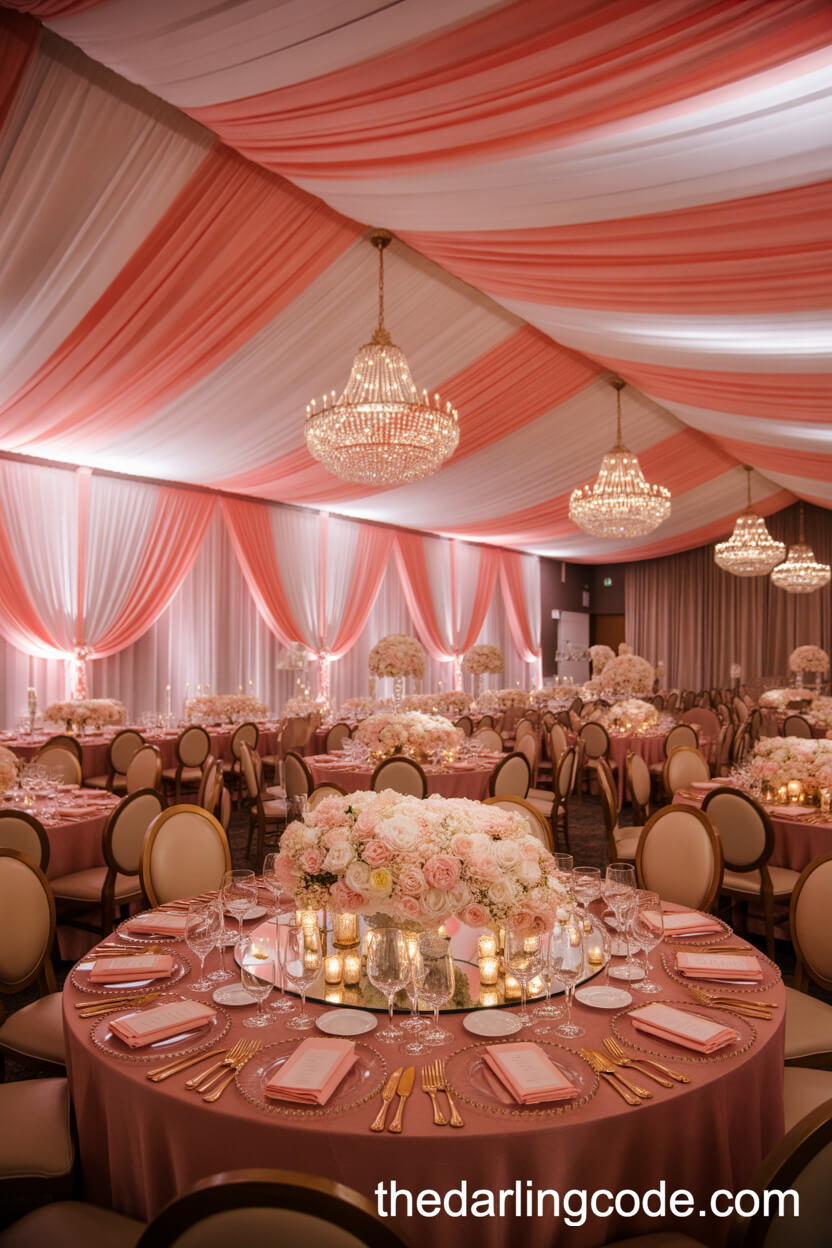 Lavish Ballroom Reception With Pink And White Decor