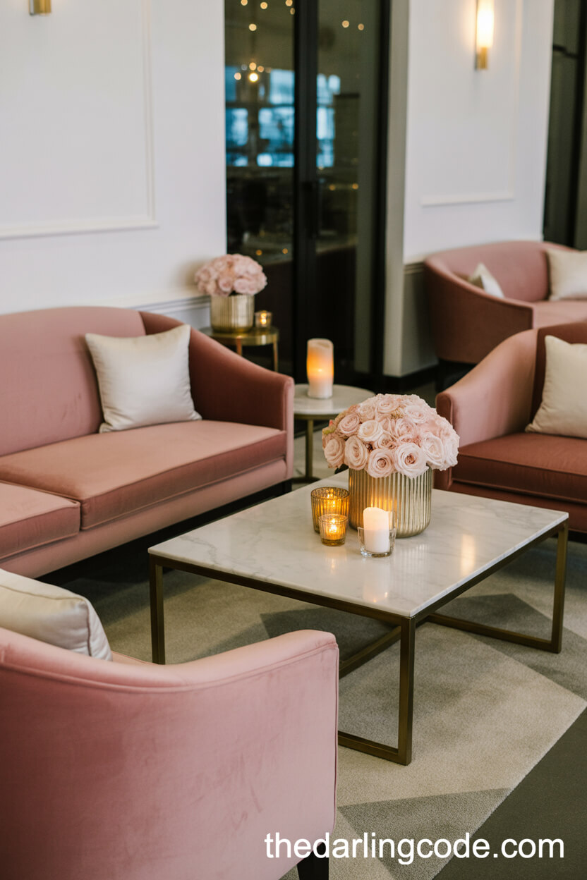 Luxurious Blush Velvet Reception Lounge Ideas