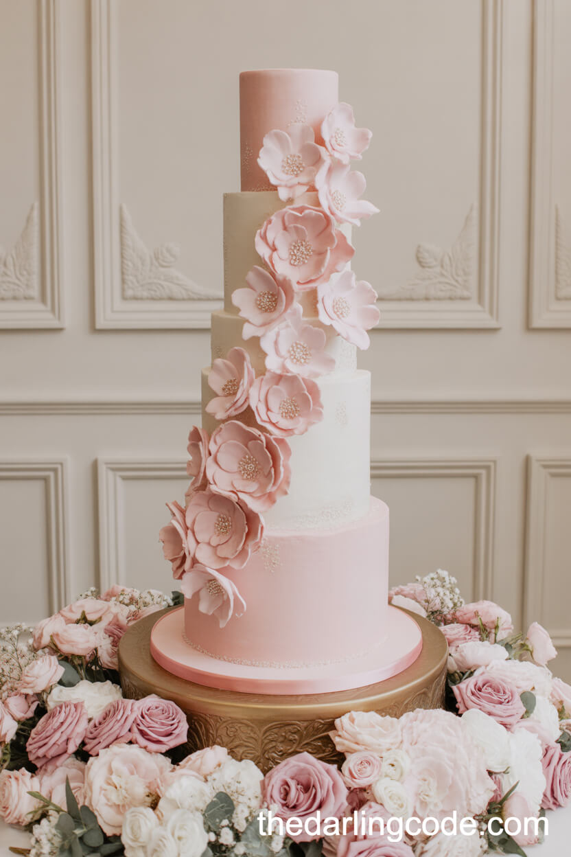 Opulent Pink And White Cascading Wedding Cake