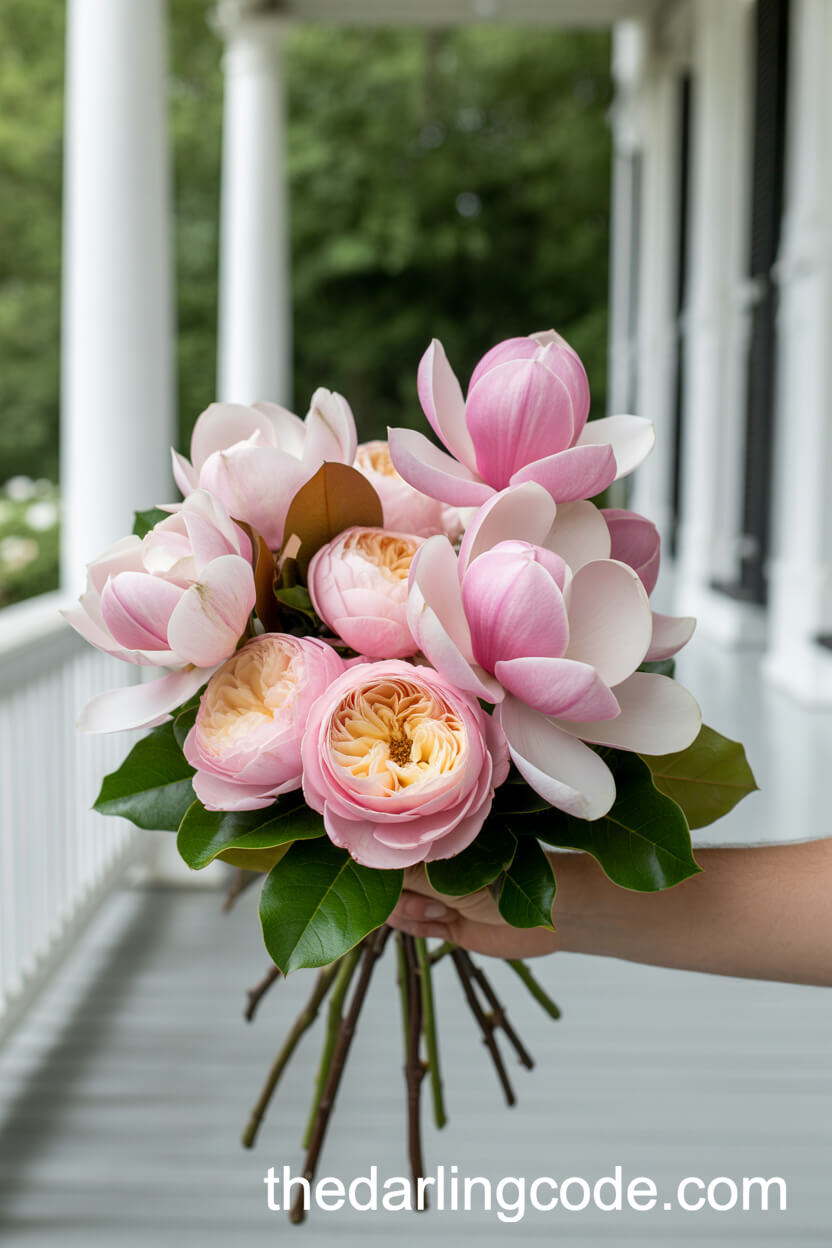 Pink Magnolia And Garden Rose Southern Bouquet