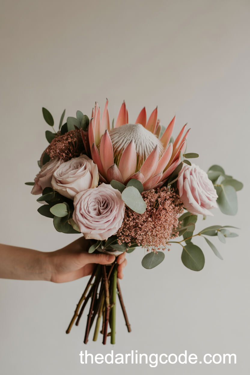 Modern Pink Bouquet With Protea And Blush Roses