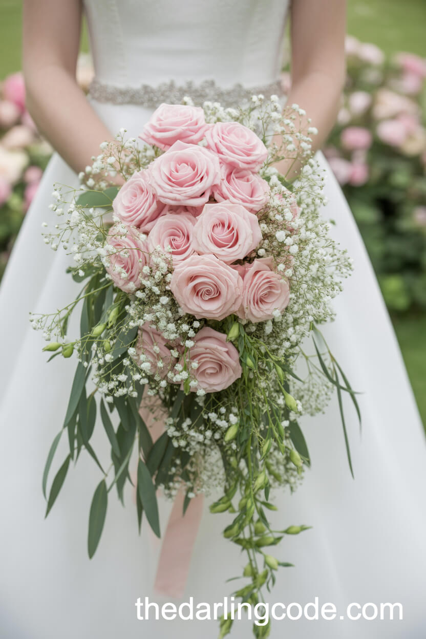 Cascading Pink Rose And Baby’s Breath Bouquet