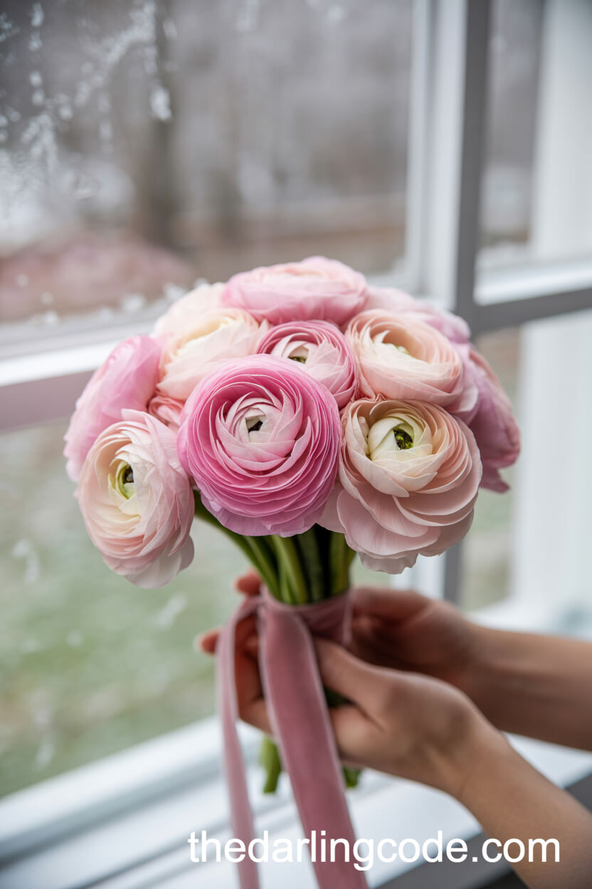Pink Ranunculus Bouquet With Velvet Ribbon