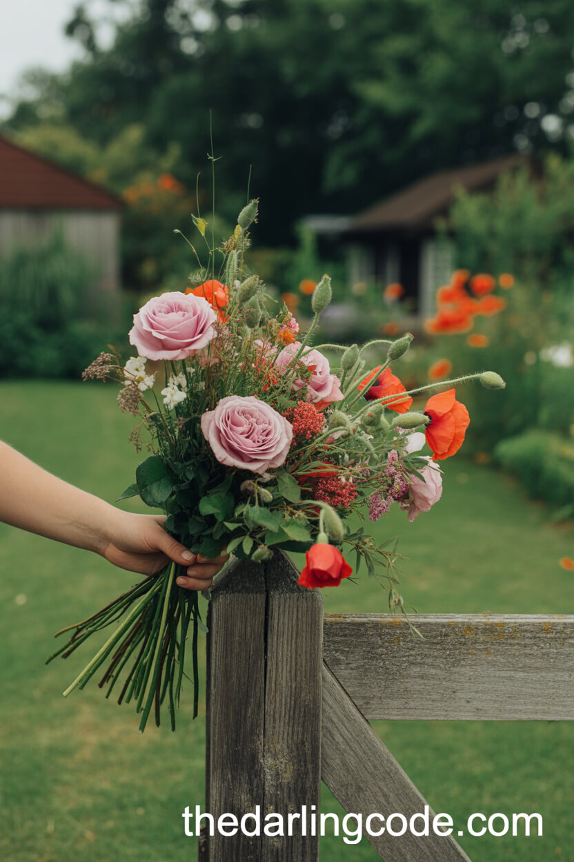 Wild Pink Rose And Poppy Hand-Tied Bouquet
