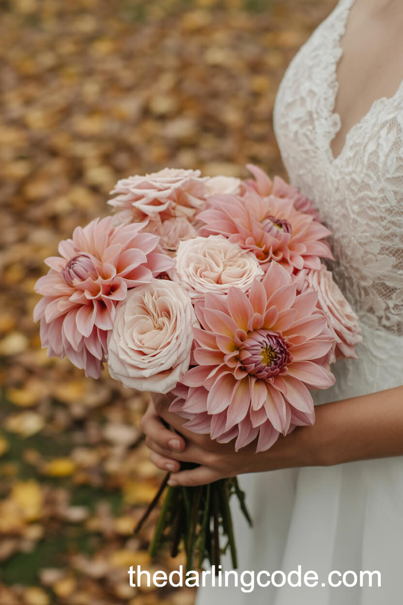 Pink Dahlia And Blush Rose Autumn Bouquet
