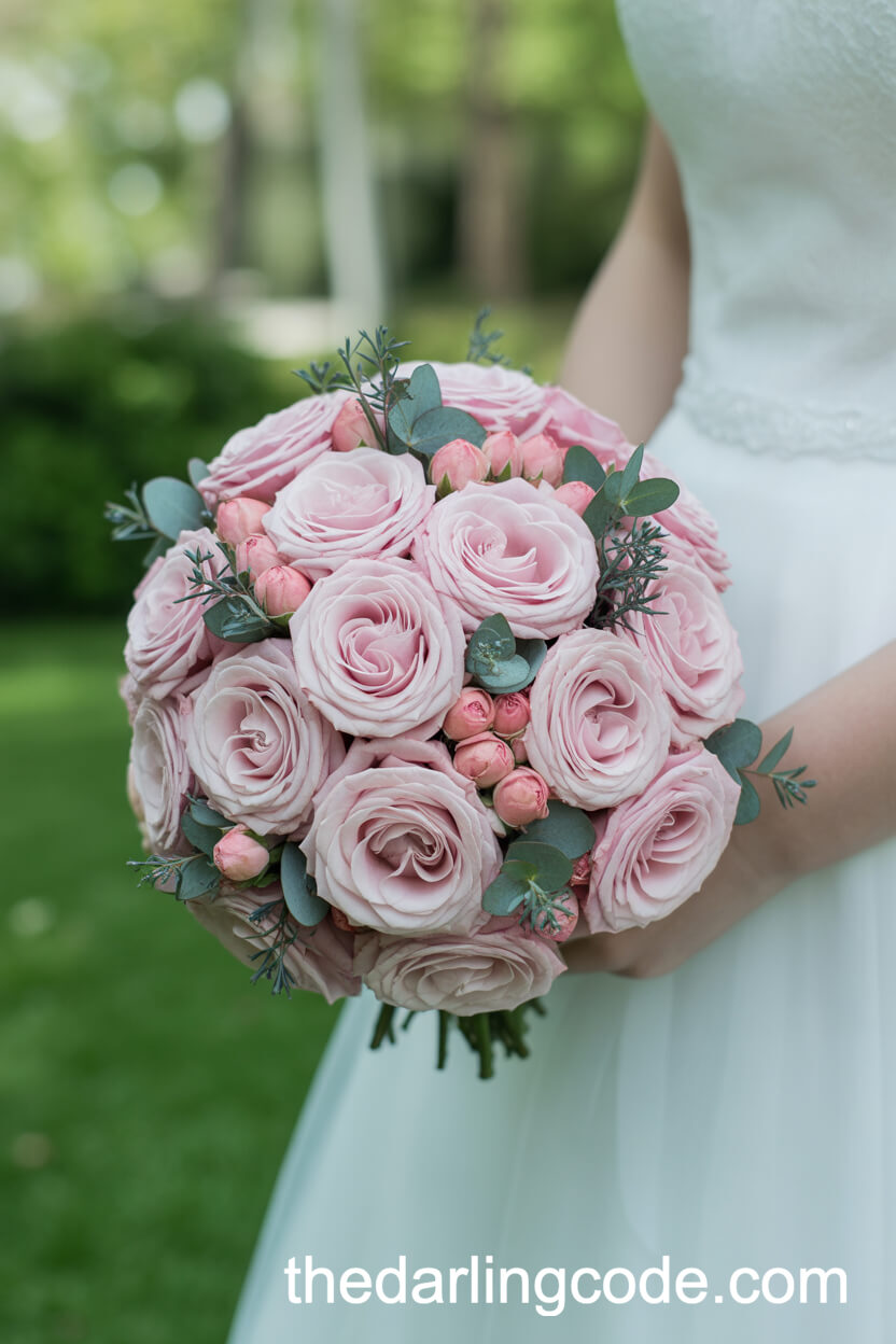 Rounded Pink Rose Bouquet With Greenery