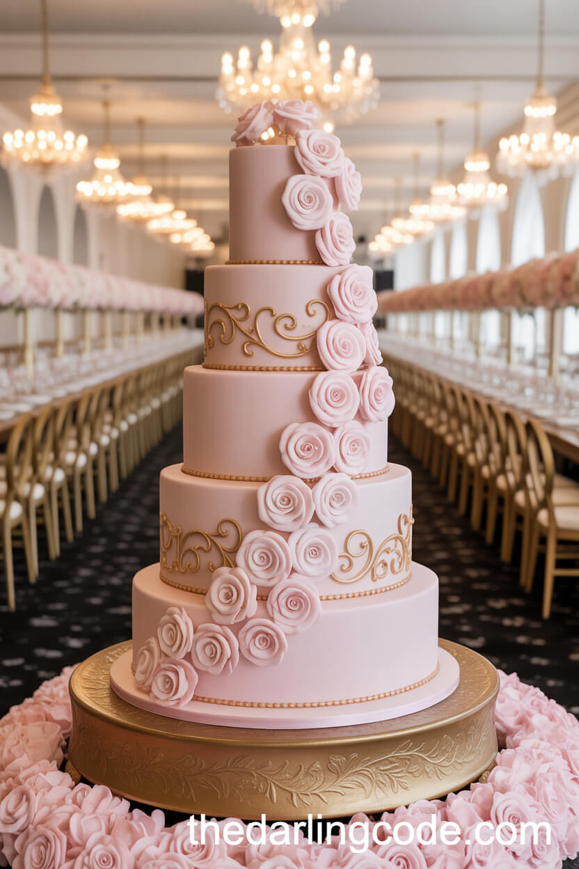 Blush Pink Fondant Cake With Gold Scroll Piping
