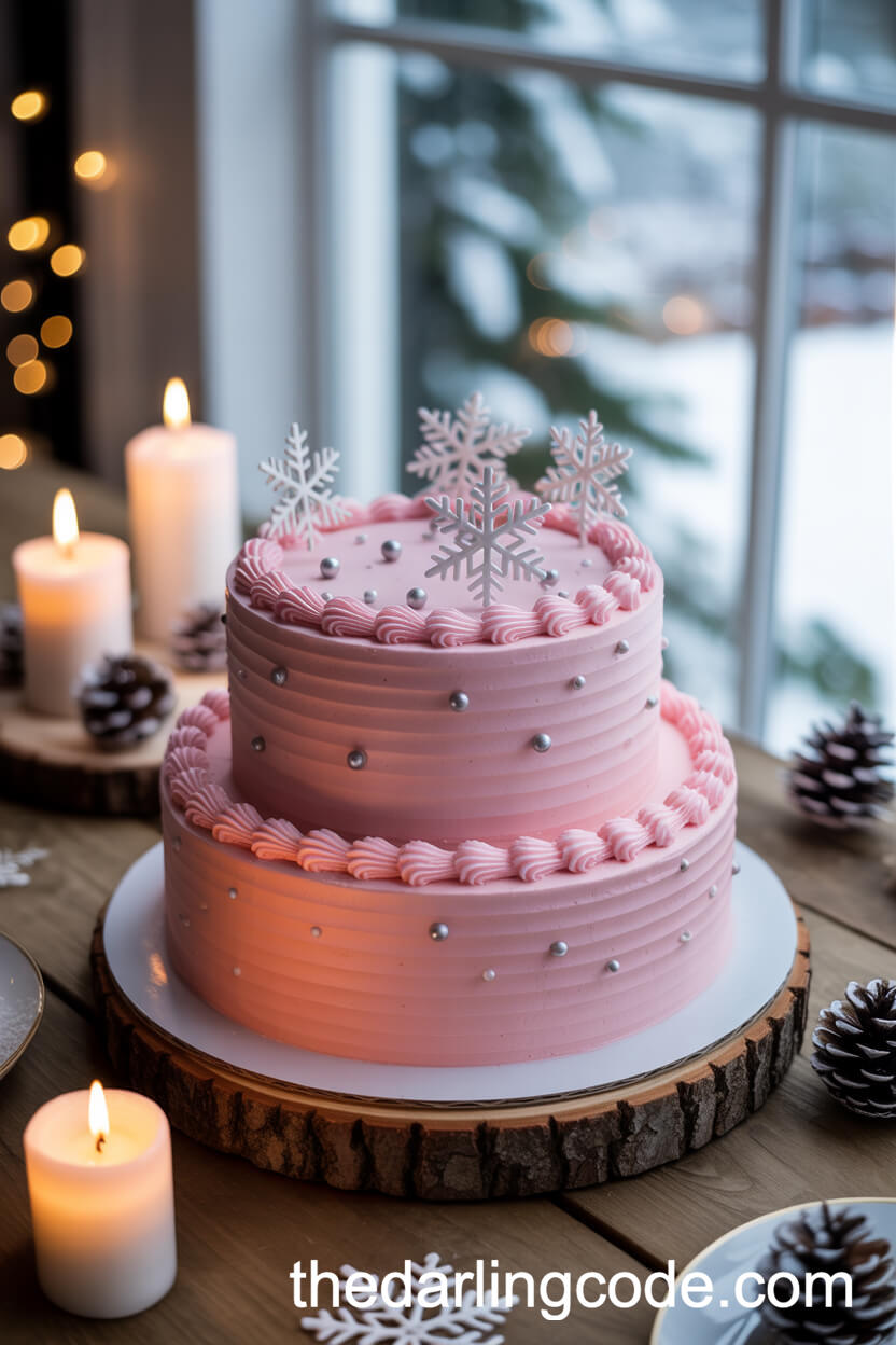 Pink Whipped Cream Cake With Silver And Snowflake Accents