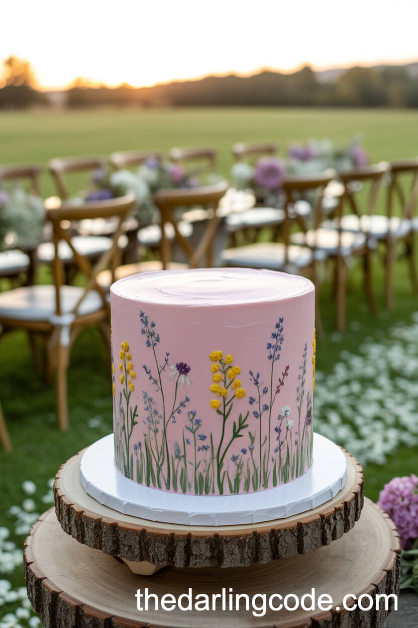 Hand-Painted Pink Wildflower Wedding Cake