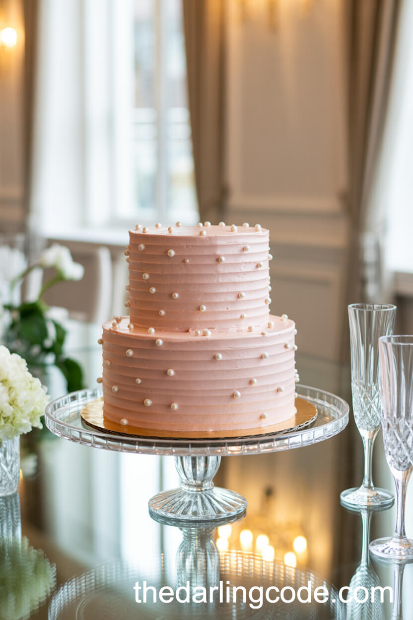 Pink Velvet Buttercream And Pearl Wedding Cake