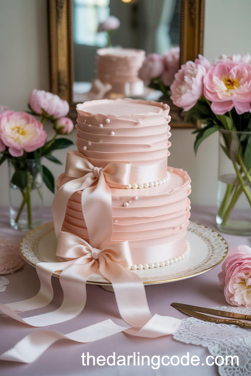 Coquette-Style Pink Ruffle Bow Wedding Cake