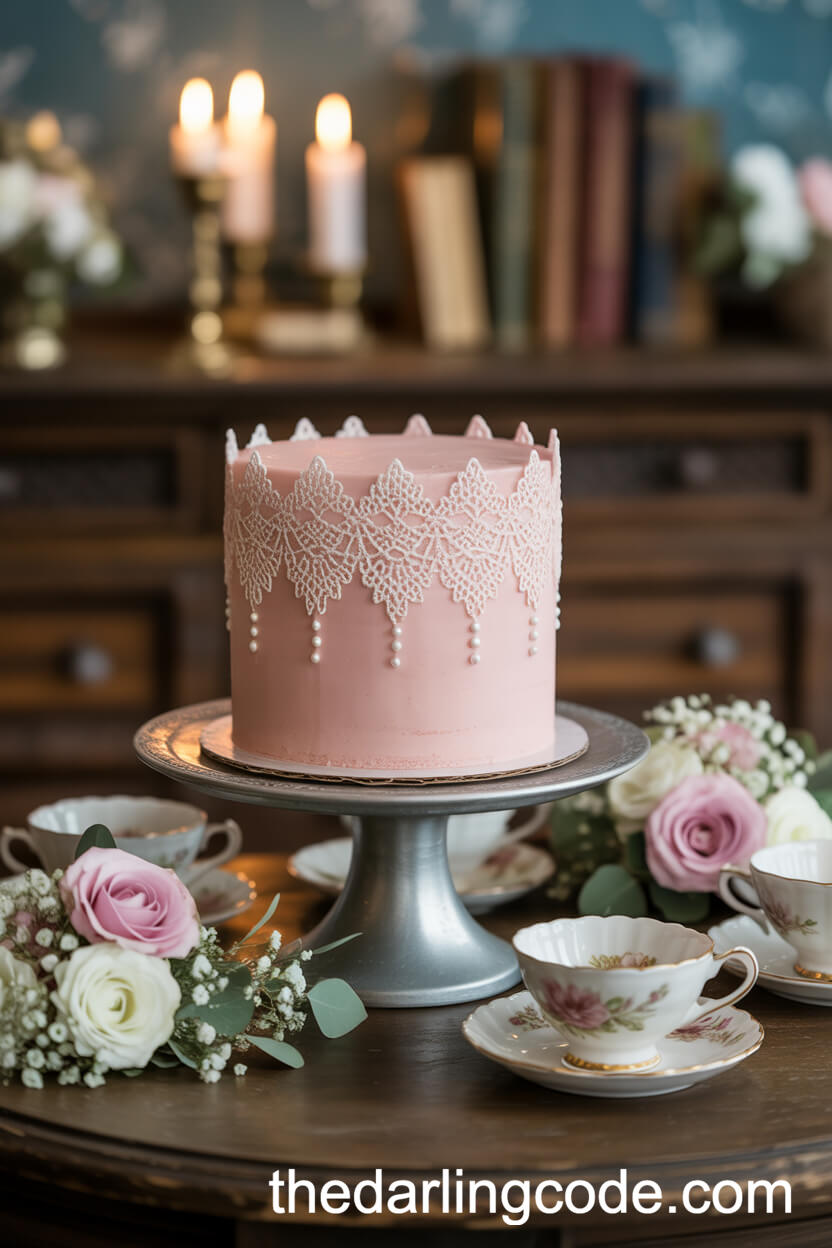 Single-Tier Pink Lace And Pearl Wedding Cake