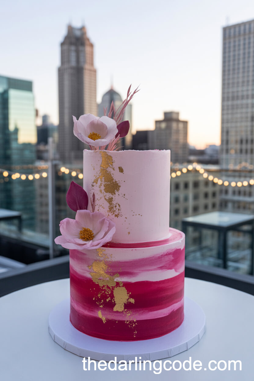 Watercolor Pink And Magenta City View Cake