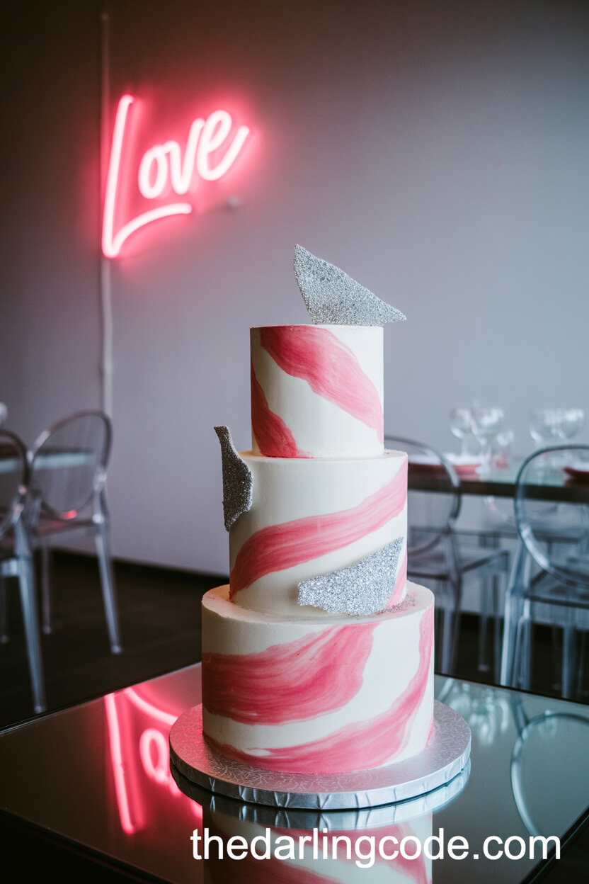 Pink And White Marbled Fondant Cake With Silver Accents