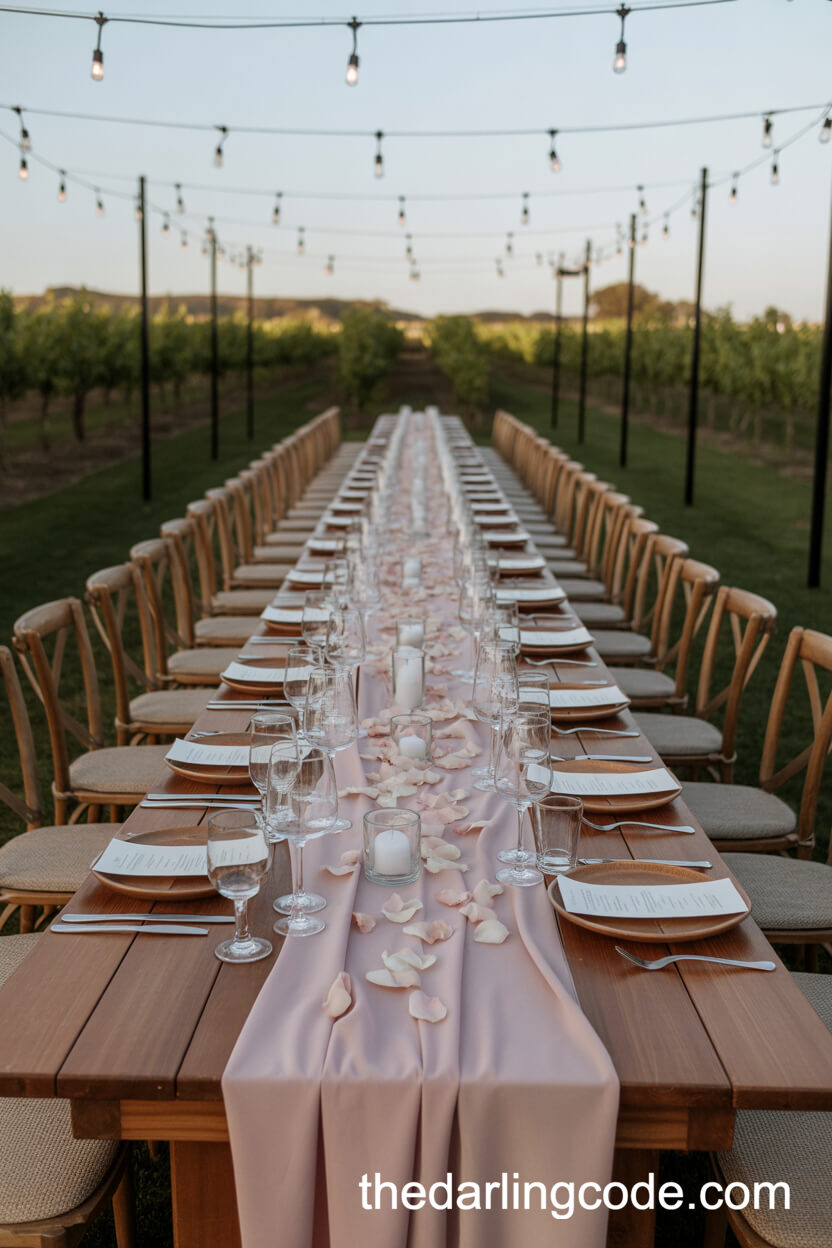 Rustic Wooden Reception Table With Blush Pink Runner And Rose Petals