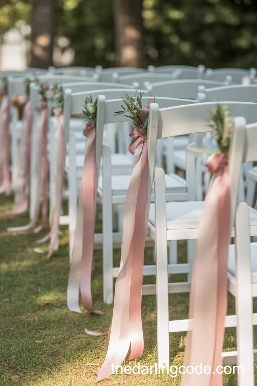Ceremony Chairs Decorated With Flowing Pink Ribbons