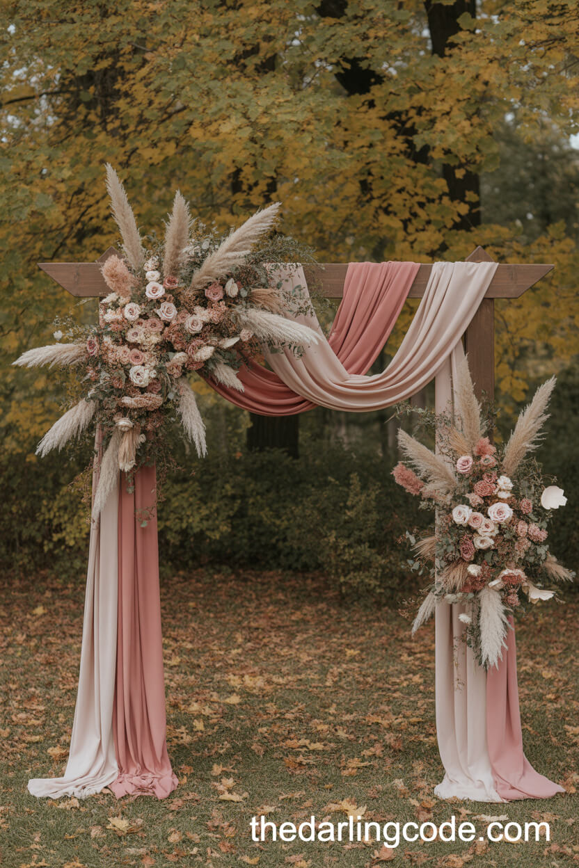 Wooden Wedding Arch Draped In Pink And Rose Fabrics