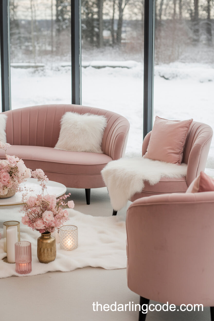 Pink Velvet Lounge Seating For A Cozy Winter Wedding