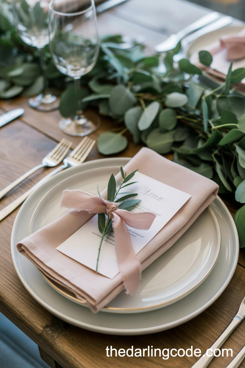 Blush Pink Napkin Place Setting With Silk Ribbon